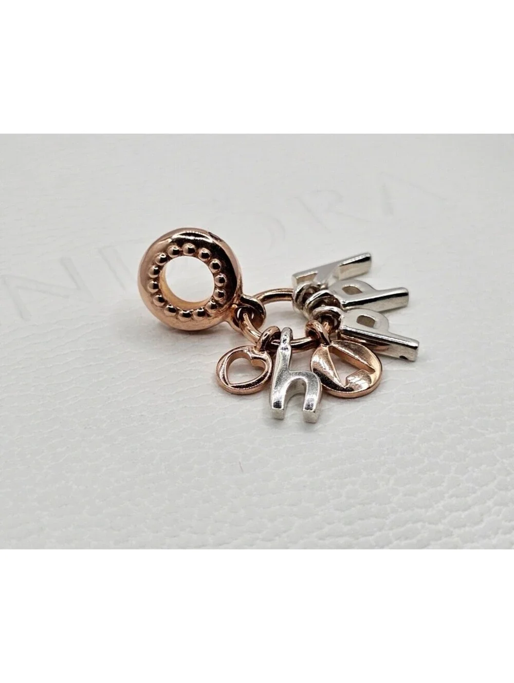 Retired Authentic Pandora Rose gold and silver HAPPY Letters Dangle Charm